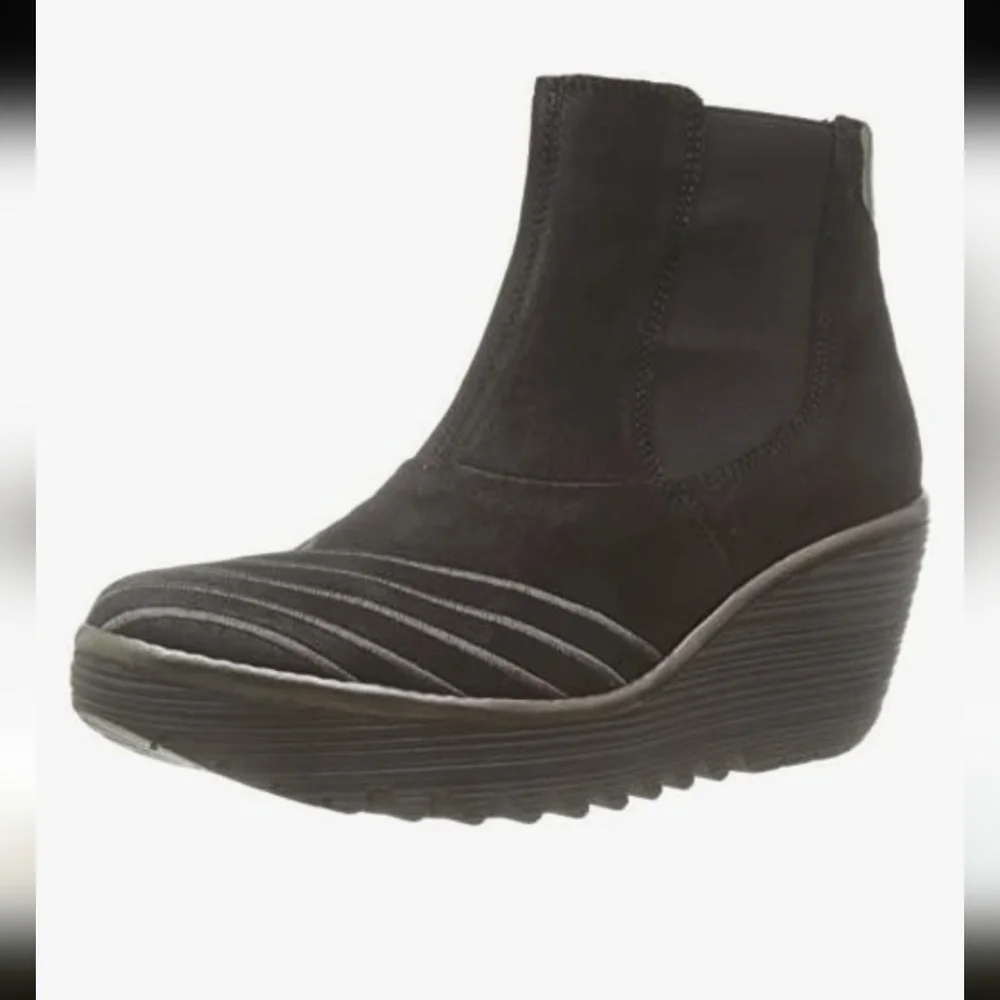 Fly London Yave Black Suede Leather Wedge Chelsea Ankle Boots